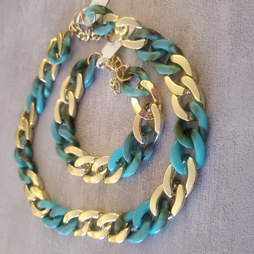 Chic Gold And Teal Necklace Bracelet Set